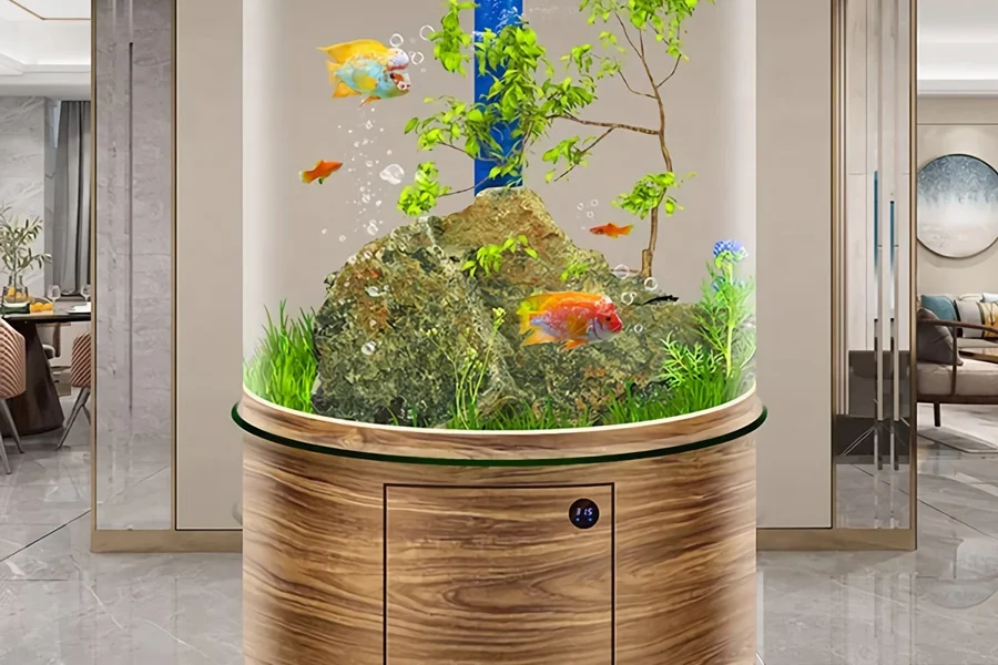 Modern cylindrical aquarium